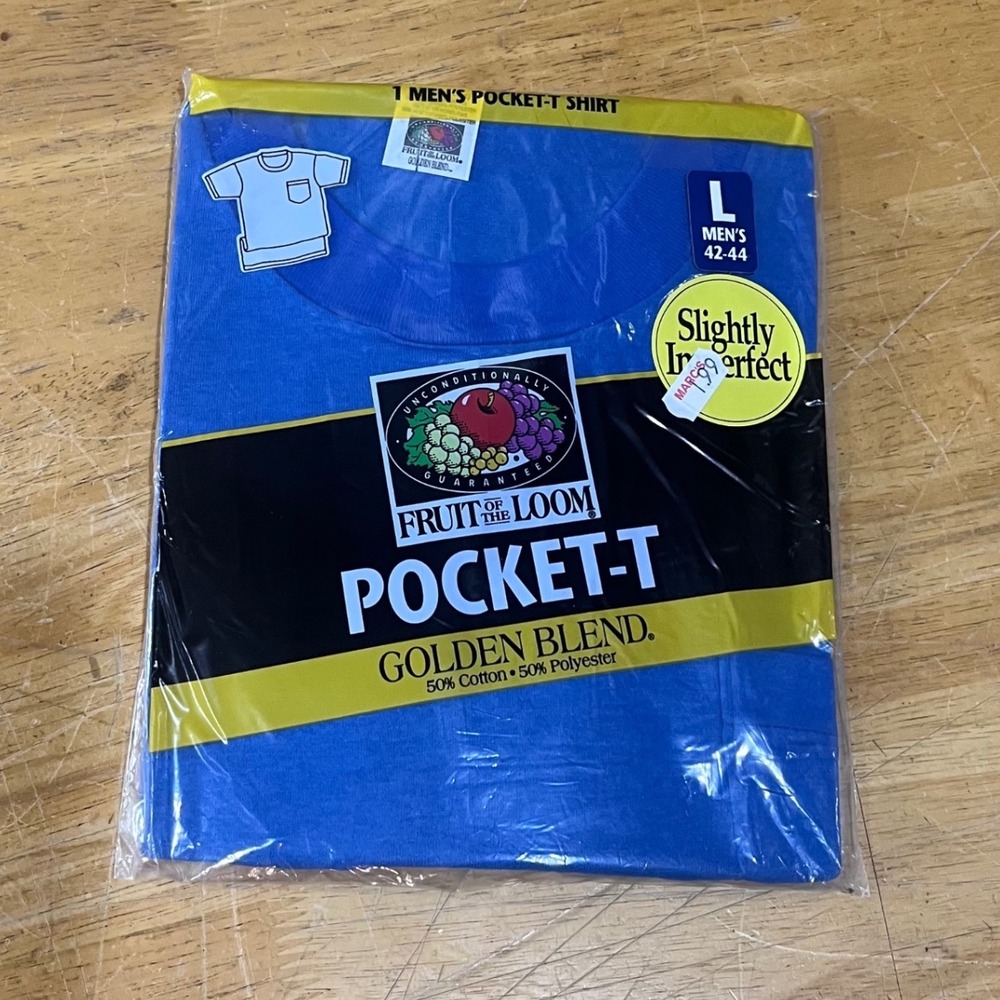 Vtg‎ 1998 Fruit of the Loom Golden Blend Pocket T-Shirt Blue Large 90s Deadstock